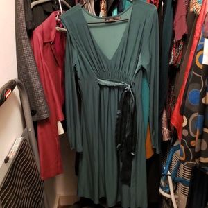 Long sleeve teal blue tie waist dress